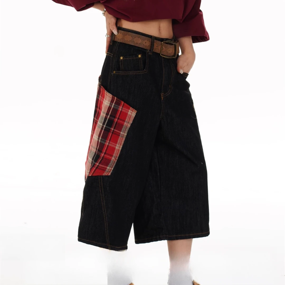 美式复古格子拼接高腰牛仔短裤男女2025夏季宽松直筒阔腿七分裤子