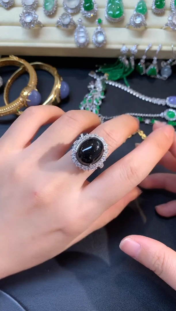 银S925镶嵌戒指翡翠戒指|350+25