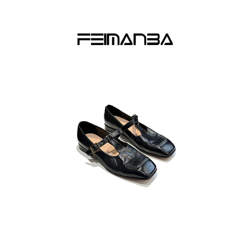 FEIMANBA 方头马皮缝线平底气质乐福鞋单鞋