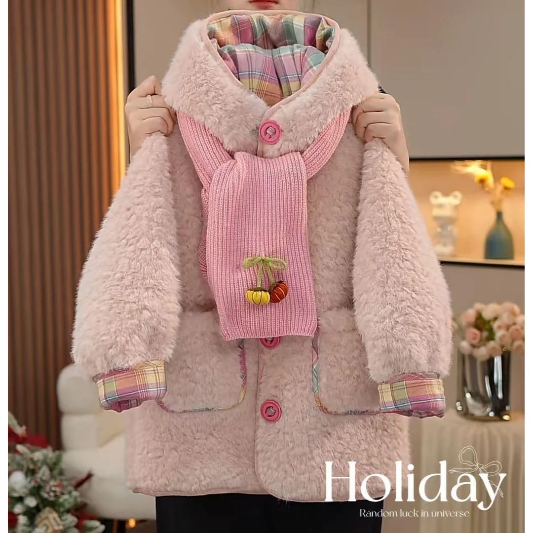 现货-女童外套冬装2025新款中大儿童加绒加厚中长款上衣