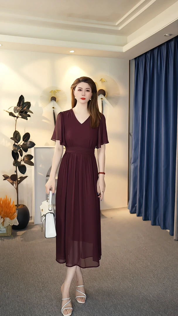 A字裙显瘦拼接短袖V领夏季连衣裙小礼服轻奢 B1976