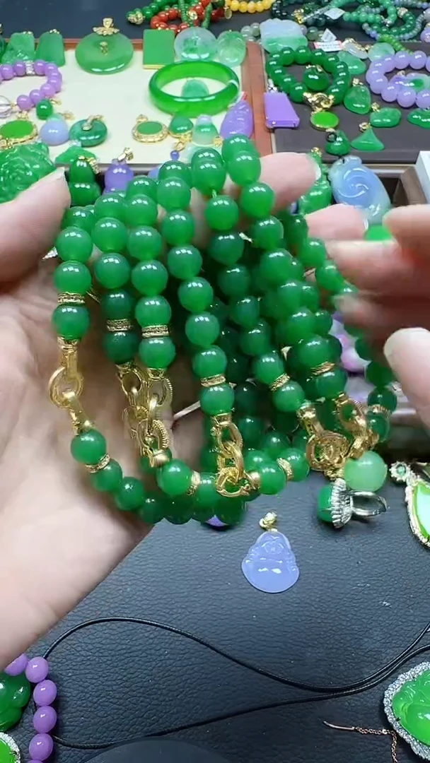 颈饰14K金镶嵌翡翠冰绿8mm原创手链