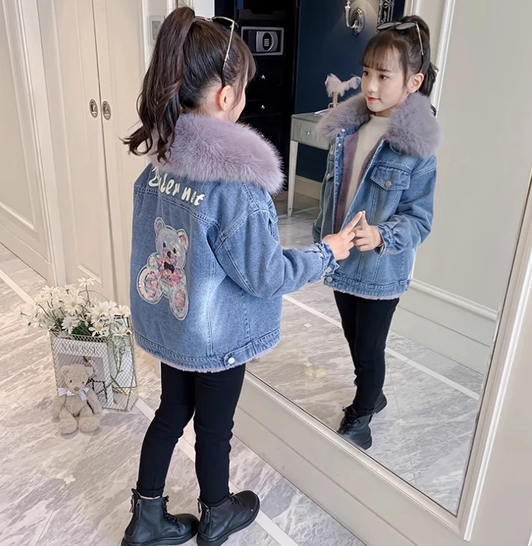 女童加绒外套新款儿童牛仔秋冬款加厚大童装女孩冬季棉服上衣毛领