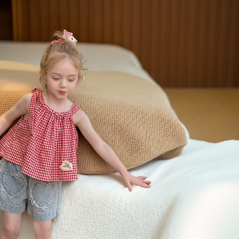 cookie25夏女童吊带红格子棉布甜美小清新无袖百搭韩版夏季宝宝