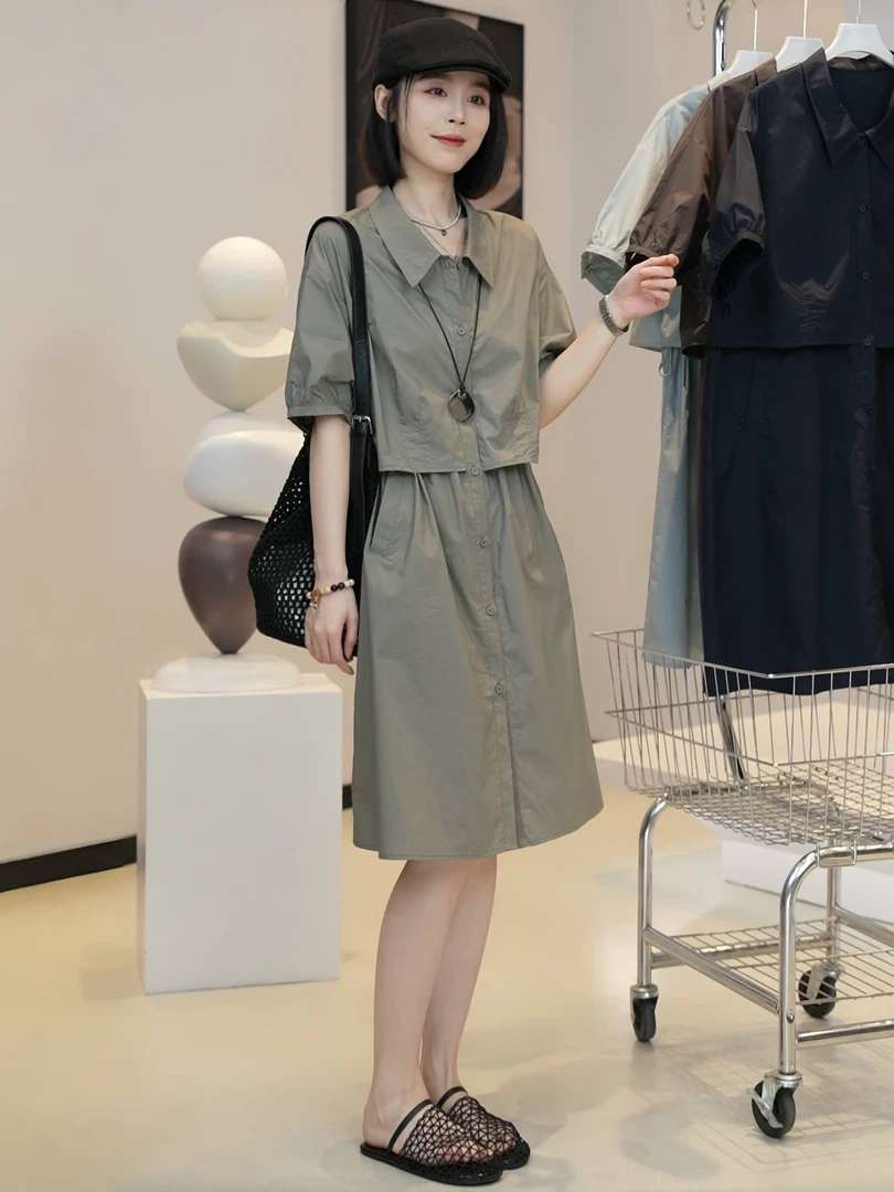 欧货设计感假两件工装连衣裙女夏季气质时尚休闲抽绳收腰显瘦短裙