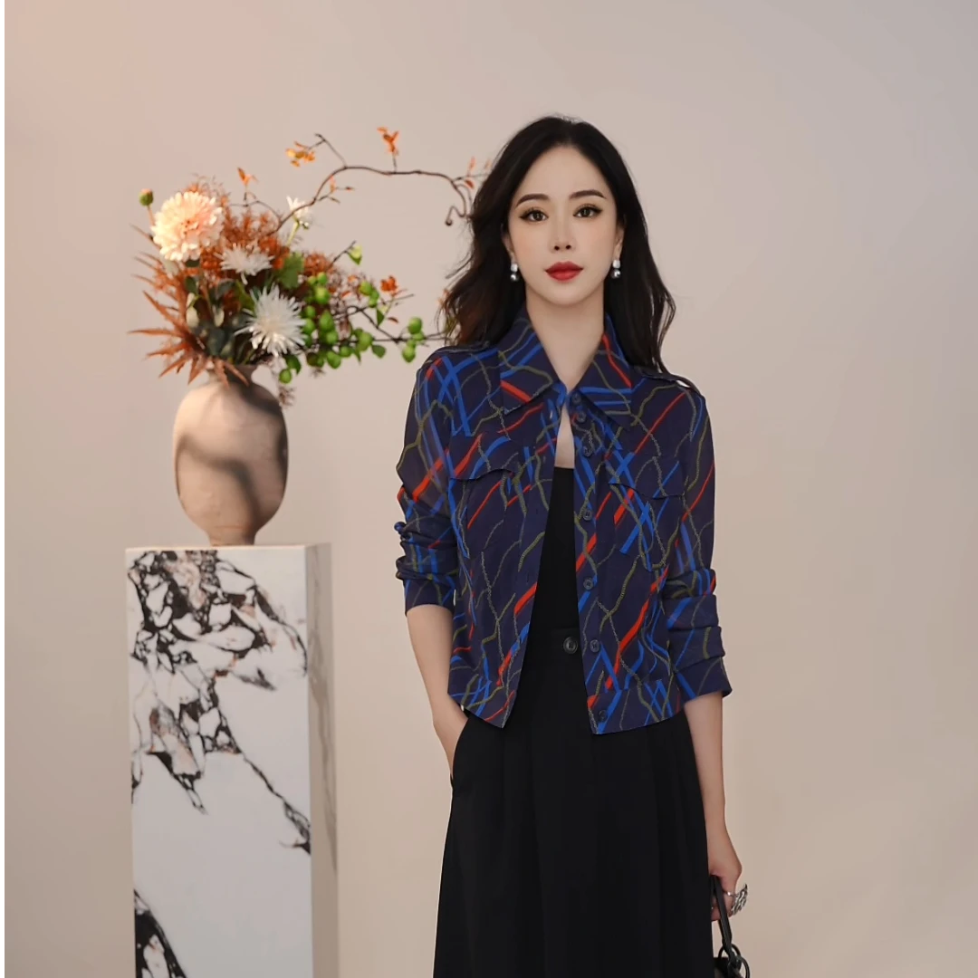 哥弟新款女装气质通勤质感时尚百搭翻领夹克式长袖衬衫女1301009