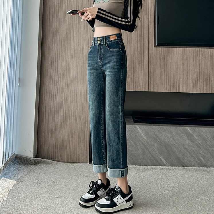 烟管直筒牛仔裤女爆款2025新款弹力显瘦春秋款高腰九分小个子裤子