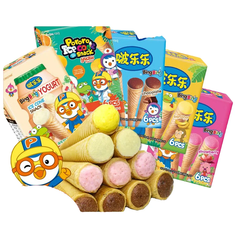 韩国pororo啵乐乐冰淇淋饼干甜筒儿童零食啵乐乐冰激凌蛋筒多口味
