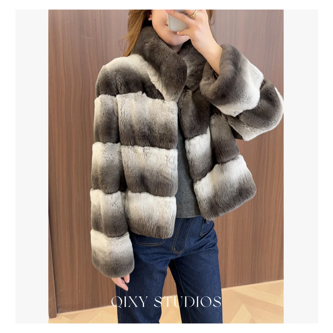 QIXIAOYAO.皮草丝绒青紫蓝兔皮毛一体皮草外套冬季新#BHYCH6609