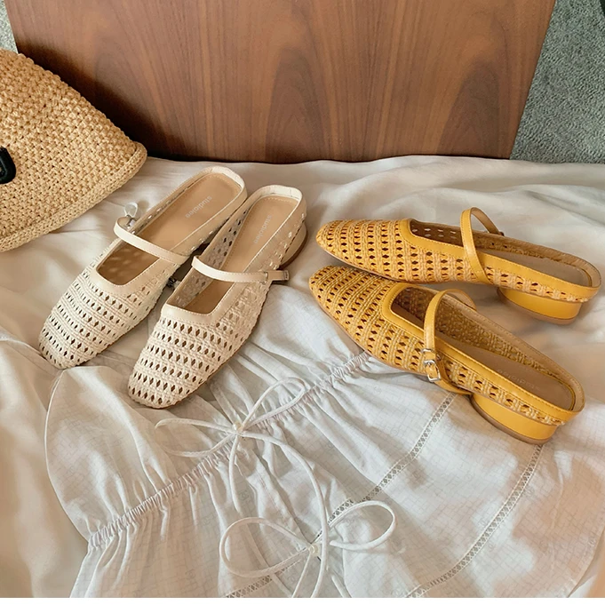 葡萄妈同款~复古编织镂空方头时尚一字带粗跟凉拖穆勒半拖鞋女夏