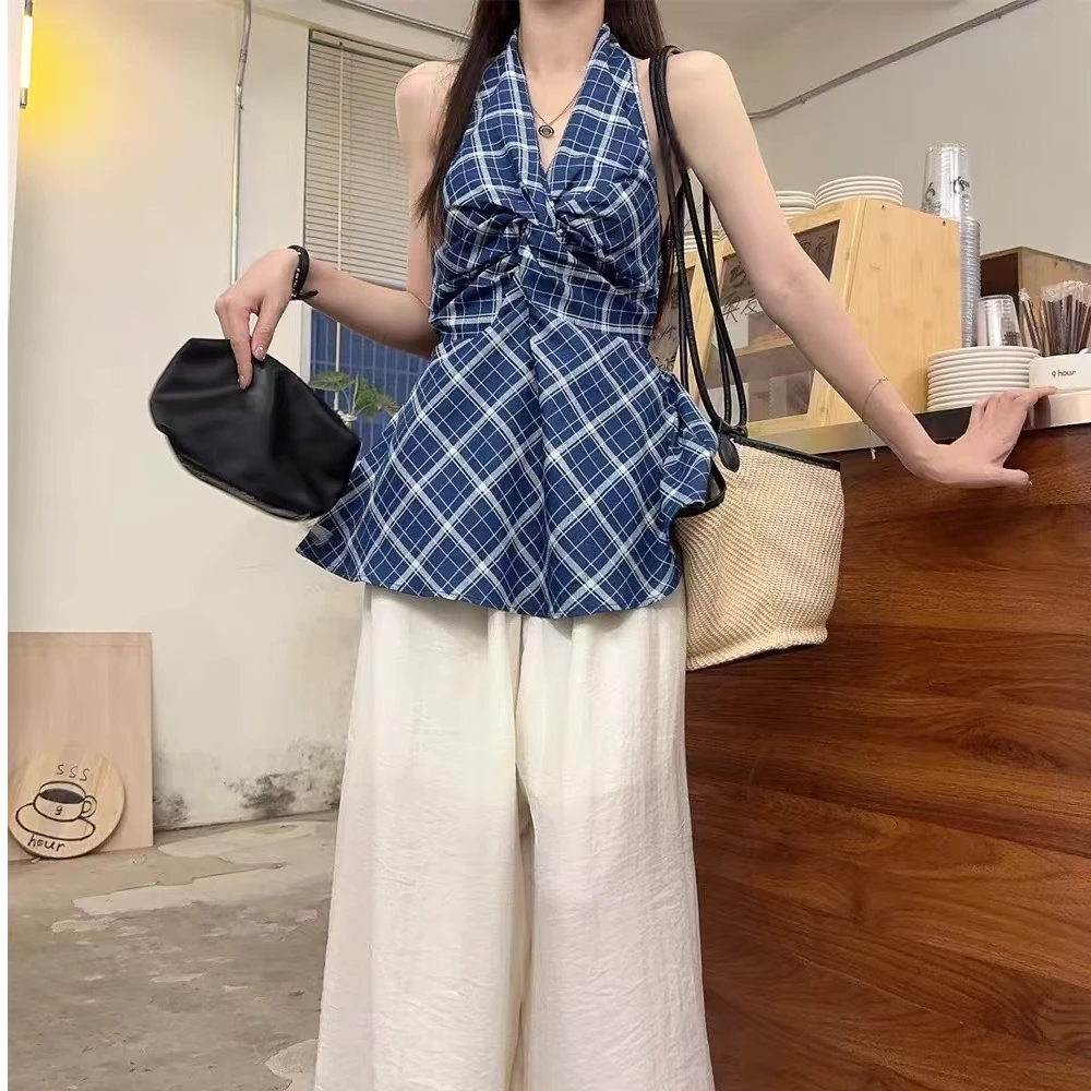 韩系V领无袖辣妹挂脖款蓝白格子背心夏季外穿吊带