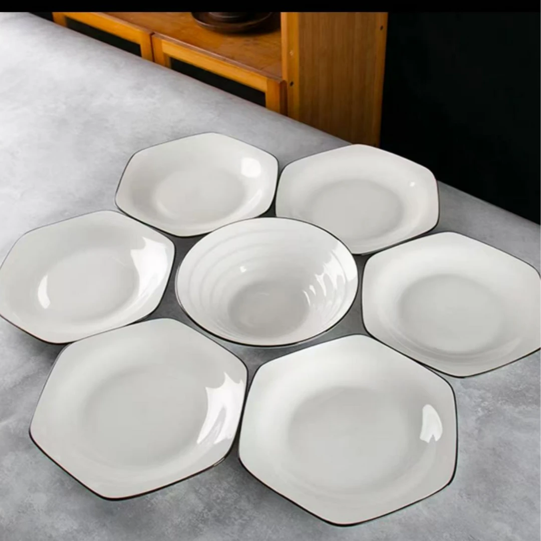【家庭套组】6个盘子+1个8英寸碗六角盘拼盘简约黑线纯白家用陶瓷盘