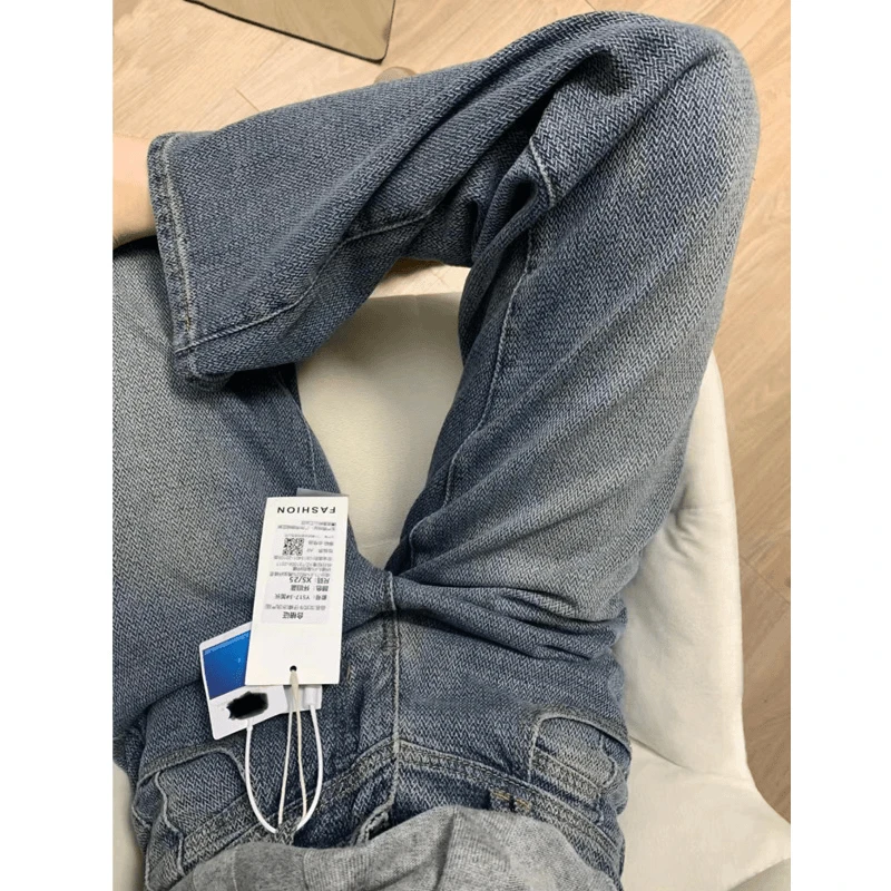 思思新款大码显腿长高腰直筒麦穗牛仔裤女胖m遮胯显瘦宽松阔腿裤