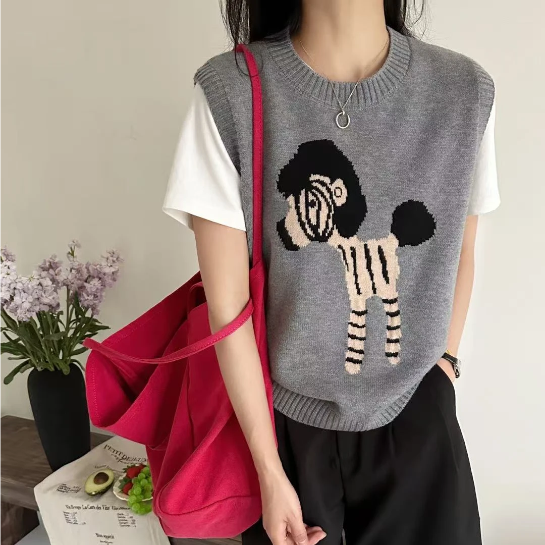 学院风圆领卡通马甲女春秋新款工字型针织上衣提花无袖背心坎肩潮
