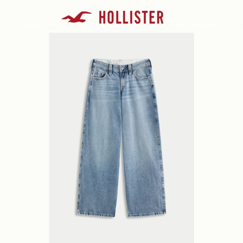 Hollister25春夏美式vibe甜辣翻腰阔腿牛仔裤女装355-5408