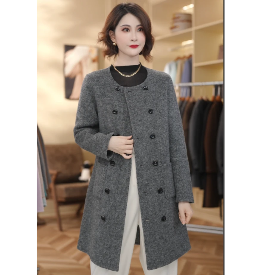 【小野】2025新品高级感双面羊毛单百搭设计师中长款款长毛外套031