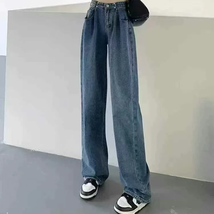【全国发货】泫雅风宽松高腰显瘦阔腿拖地牛仔裤带收腰卡扣