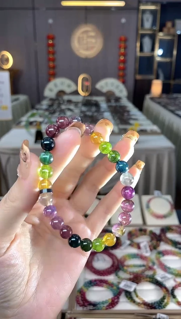 未镶嵌老矿碧玺色标彩虹单圈手串7mm+碧玺dan多样性发货一条
