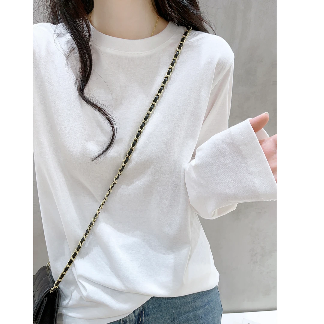 经典小白T  纯色设计感长袖T恤女早秋白色圆领宽松内搭上衣打底衫