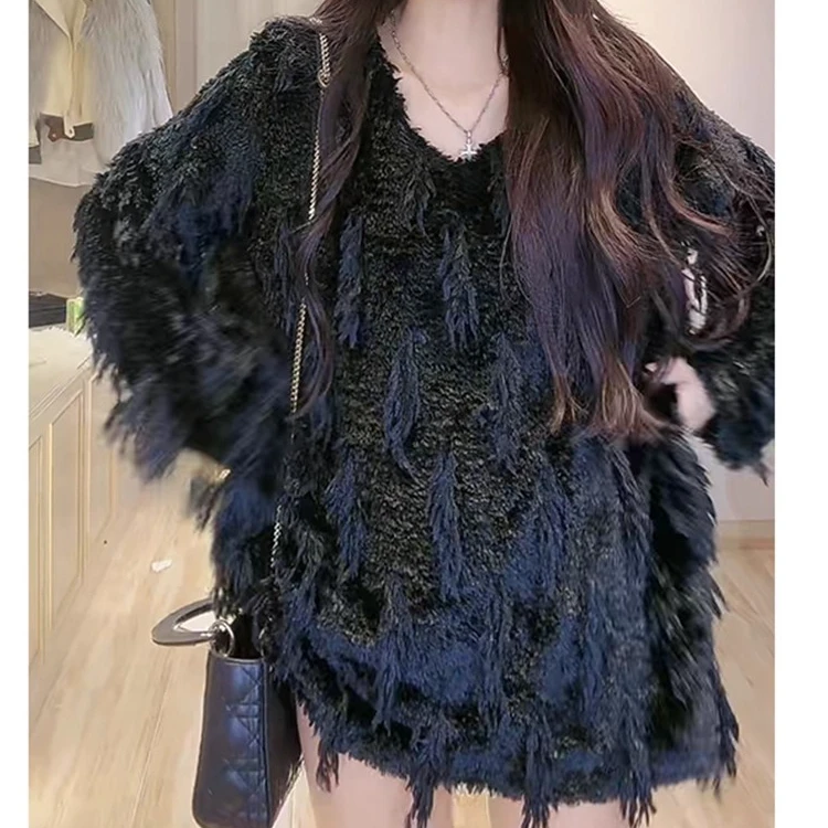 2025秋季新款法式气质女装名媛风流苏针织连衣裙宽松绒绒毛衣短裙