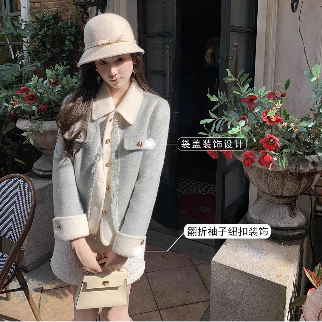 鱼兔子的兔子双面尼短外套女2024新款秋冬100%羊毛小香风毛呢外套