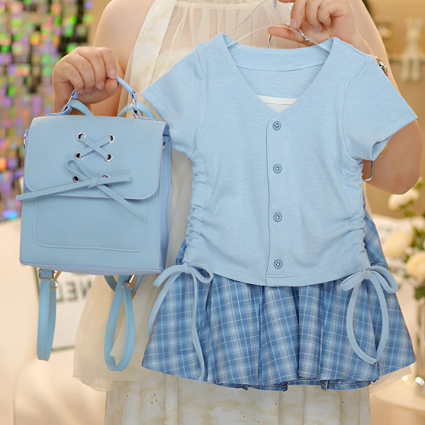 2025儿童夏季新款休闲风时尚洋气宽松格子裙套装82590