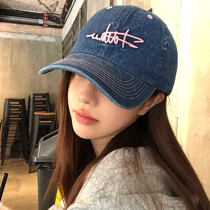 韩版刺绣复古牛仔棒球帽子女款秋季百搭时尚大头围显脸小鸭舌帽女