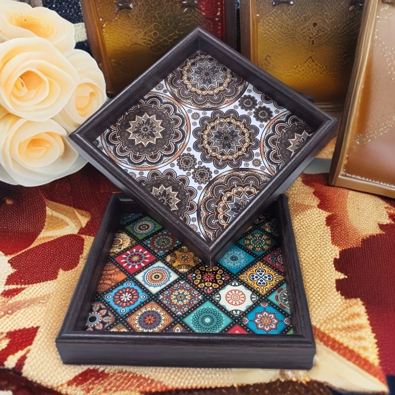 2个装 波西米亚风托盘异域客厅桌面收纳玄关家用木质皮革收纳盘