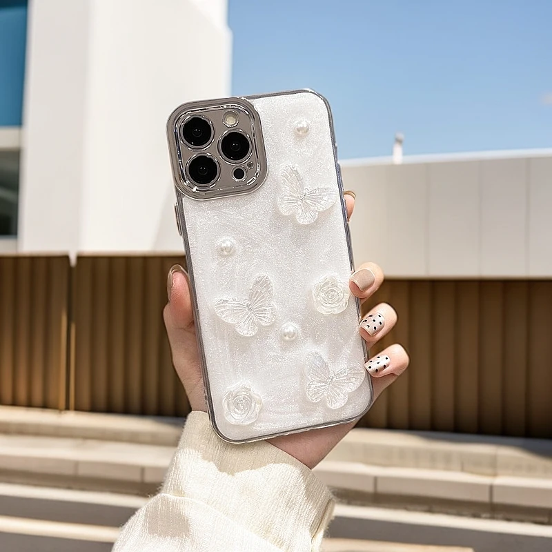 适用苹果14滴胶山茶花蝴蝶iPhone16promax手机壳13全包软壳女电镀