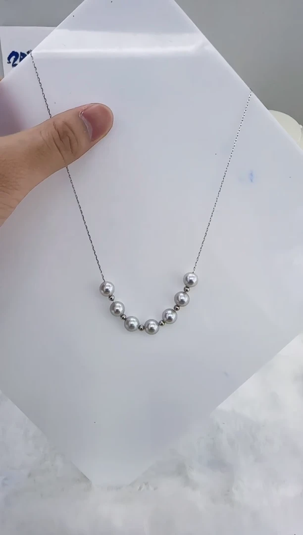 银S925镶嵌海水珍珠DA定位球海水灰珠项链7-8 y318