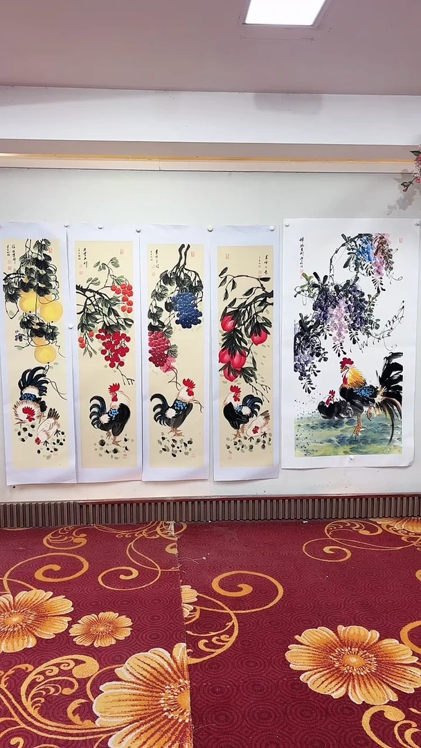 国画仿古公鸡四条屏+送4尺祥瑞吉利/托底/雷畅胜