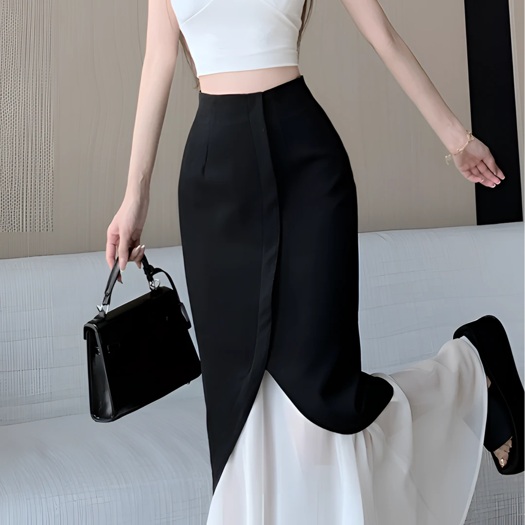 高级感网纱西装半身裙女夏季薄款设计感拼接高腰a字裙包臀鱼尾裙