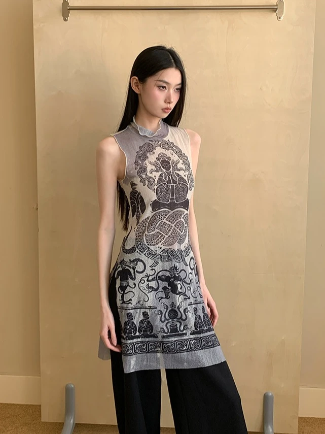 MOONSEE巴虺印花高弹网纱印单层背心女夏透视感内搭打底无袖上衣