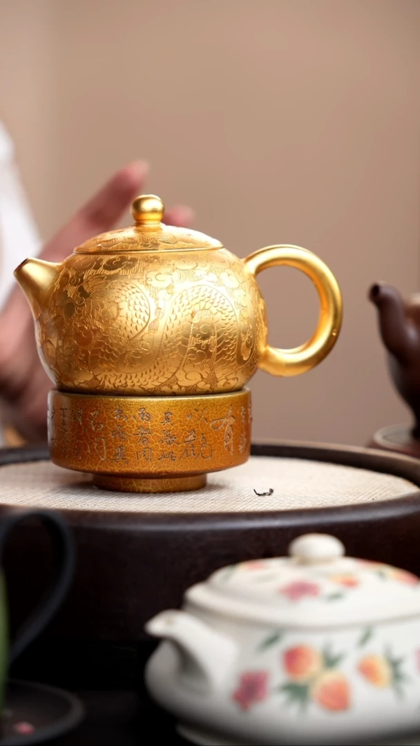 茶壶紫砂金色朱泥龙凤西施+杯
