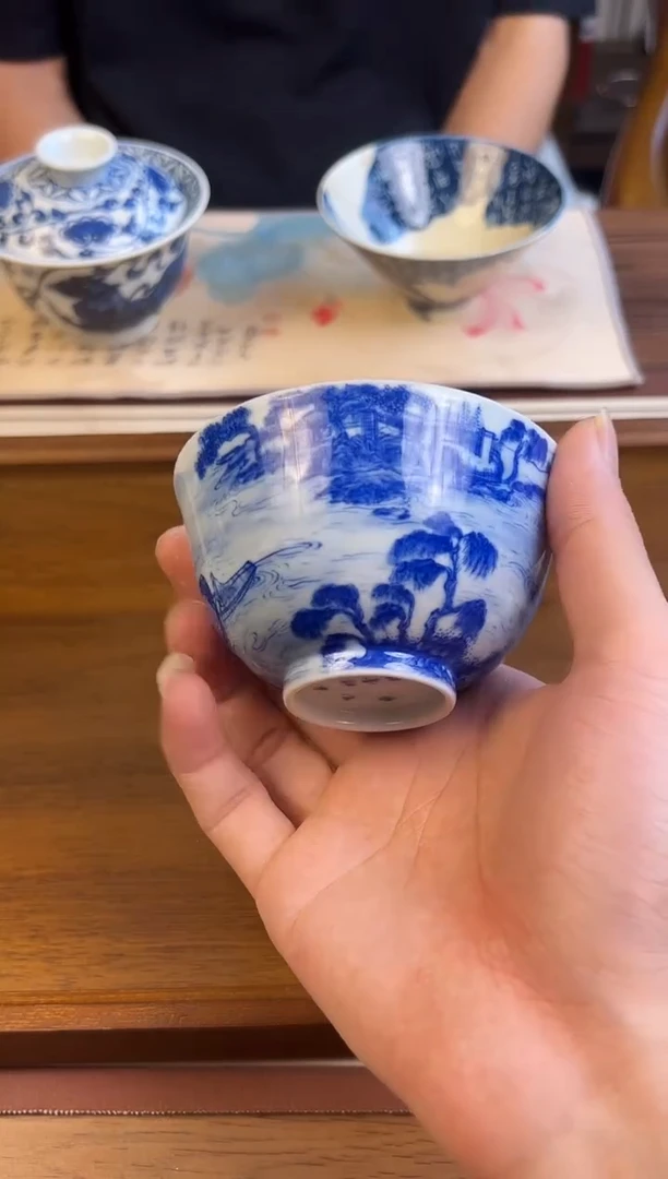 问青坊纯手工手绘青花山水柴窑杯