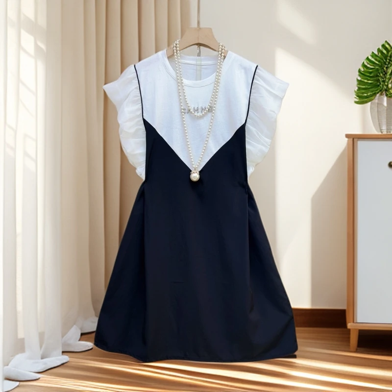 大码女装气质小黑裙2025新款圆领显瘦高级感遮肉重工假两件连衣裙