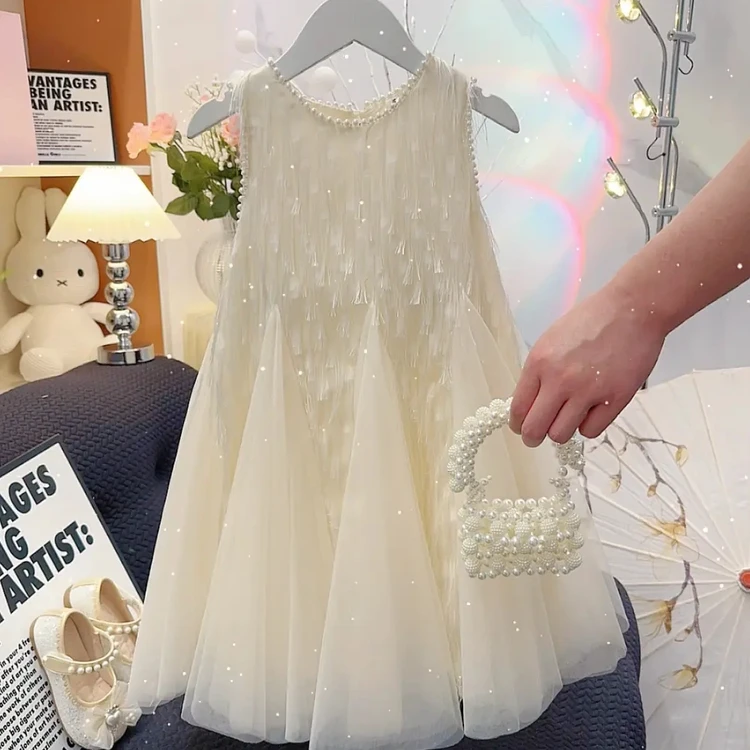 夏日新款25女童中大童洋气时尚白月光无袖气质儿童流苏珍珠连衣裙