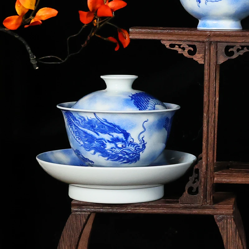 景德镇纯手绘高端茶具—青花双龙盖碗