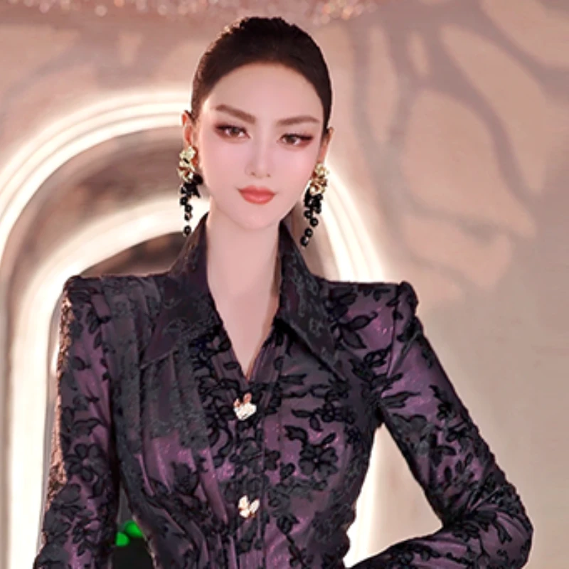 原创设计提花连衣裙2025秋季新款气质名媛风减龄百褶衬衫裙
