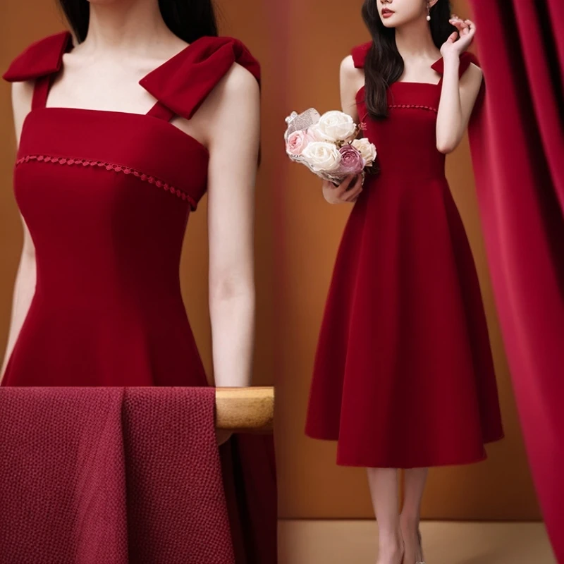敬酒服新娘春季短款小个子酒红色平时可穿回门便装吊带女订婚礼服