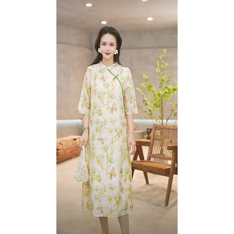 新款西子素然 原创中国风桑蚕丝显瘦时尚旗袍七分袖A字连衣裙8023
