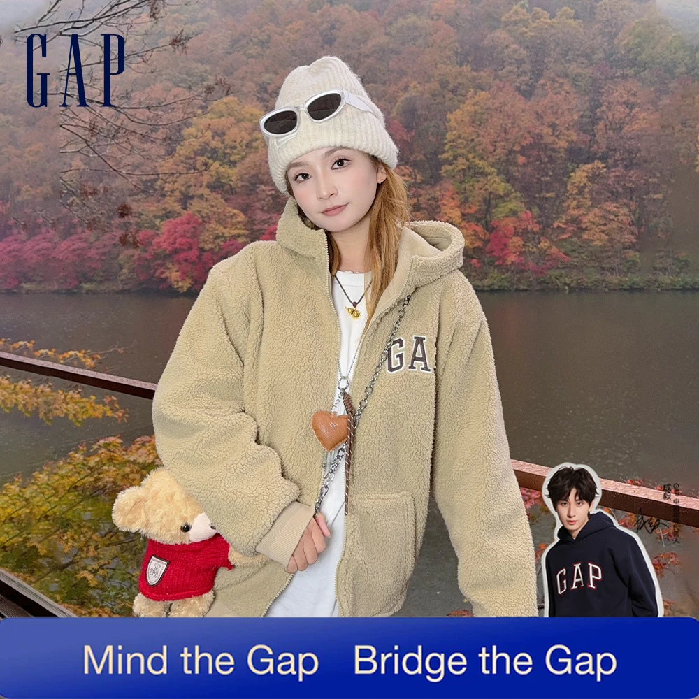 【成毅代言】Gap男女同款冬季刺绣宽松仿羊羔绒拉链连帽卫衣786507