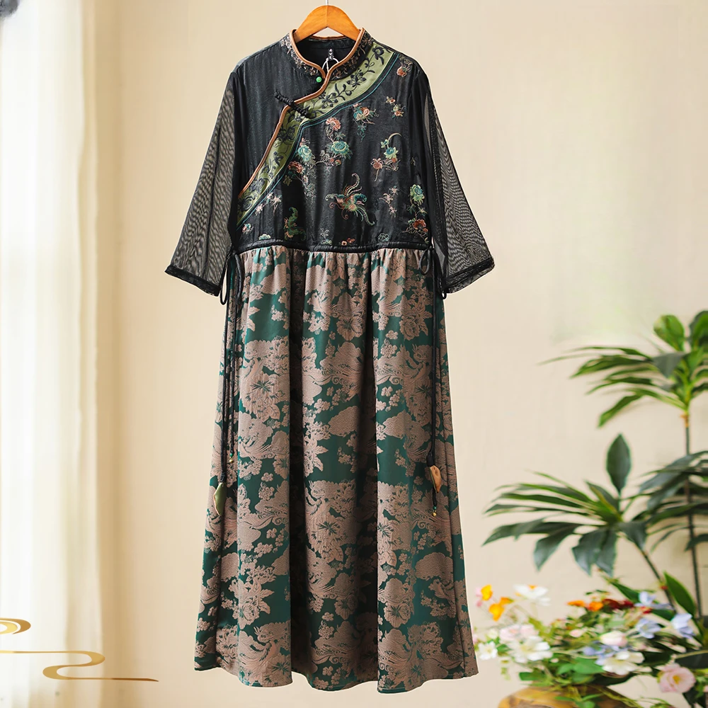 千椿物喜新中式国风气质复古黑色刺绣时尚连衣裙241133