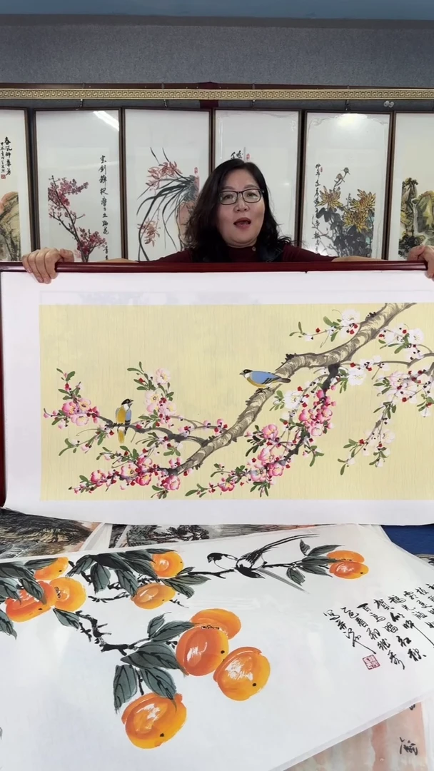 国画工笔花鸟（画开富贵） 实木画框