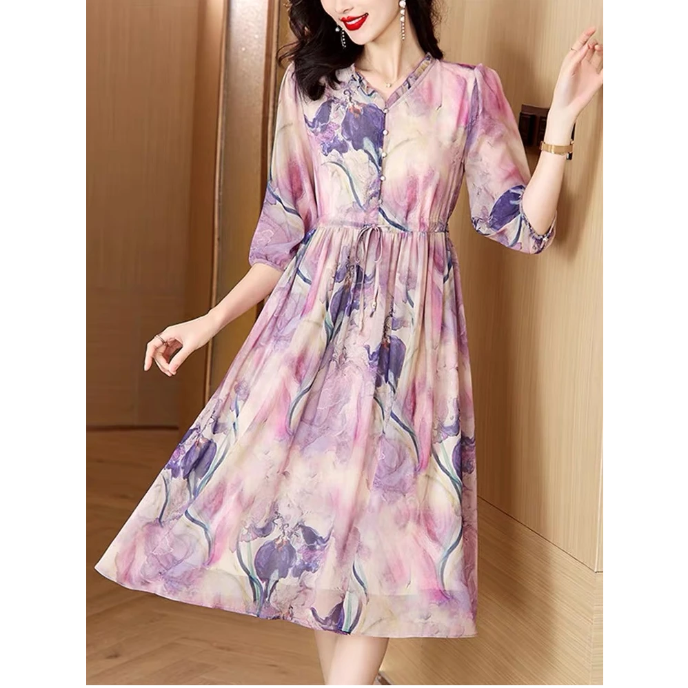 2025夏季新款高端气质印花V领中长款收腰显瘦连衣裙