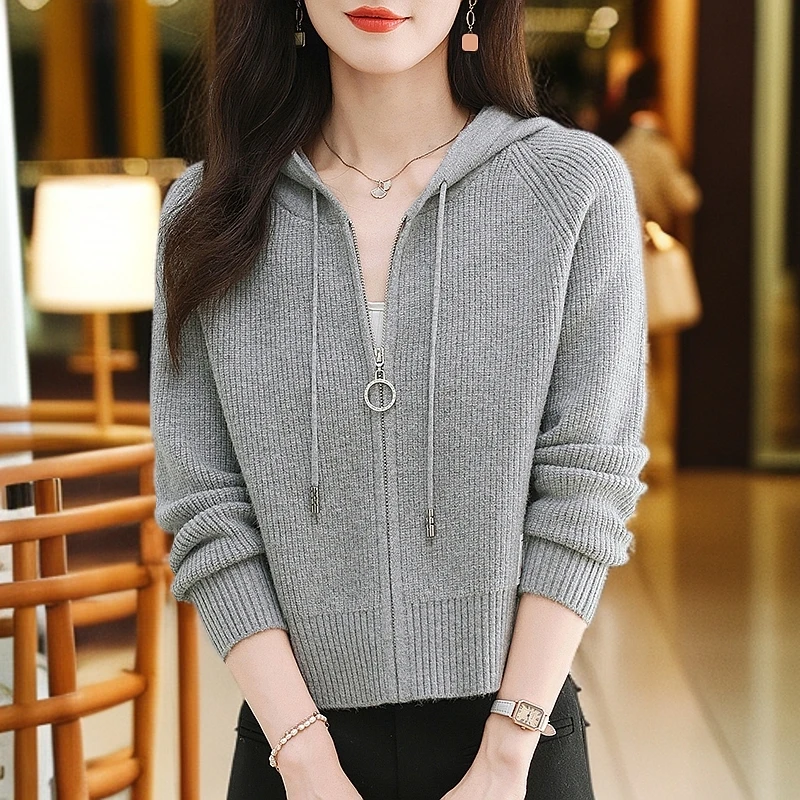 鄂尔多斯市100羊毛衫女春秋小个子针织开衫毛衣外套短款拉链连帽