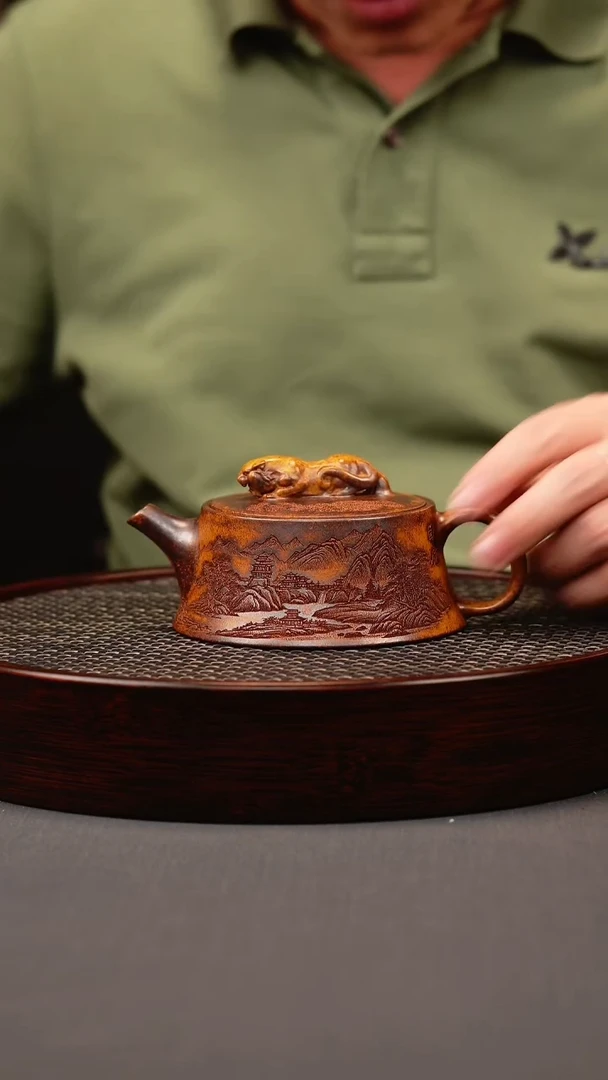 茶壶紫砂龙骨金砂 虎钮柱础 刻绘
