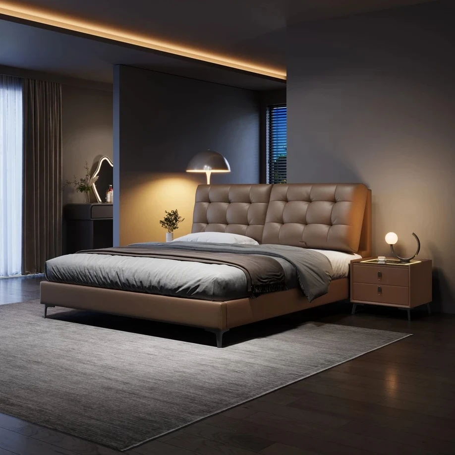 现代简约意式轻奢软包主卧头层牛皮齐边高脚款极简储物皮艺家用床