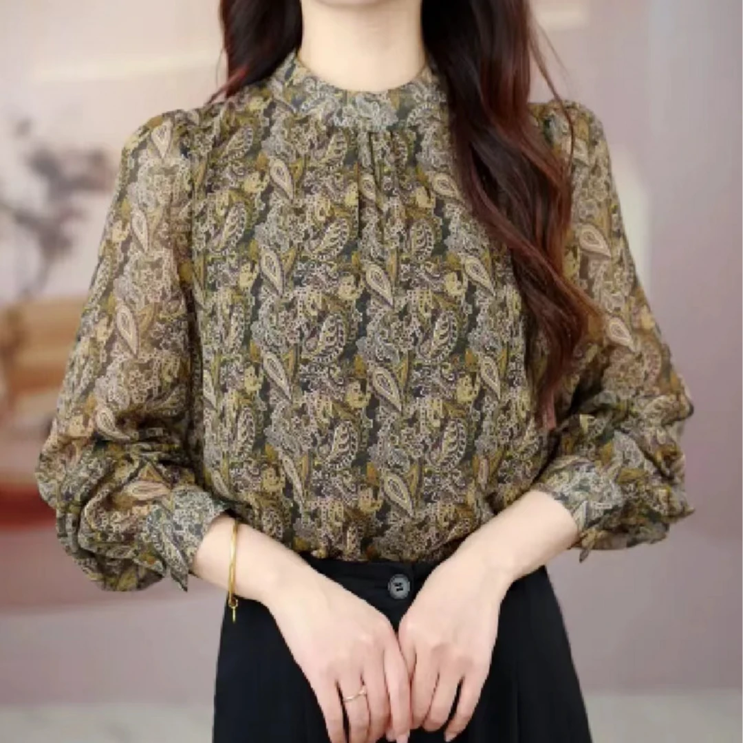 X9996时尚印花小衫女2025新款显瘦遮肉轻薄透气百搭小衫上衣女