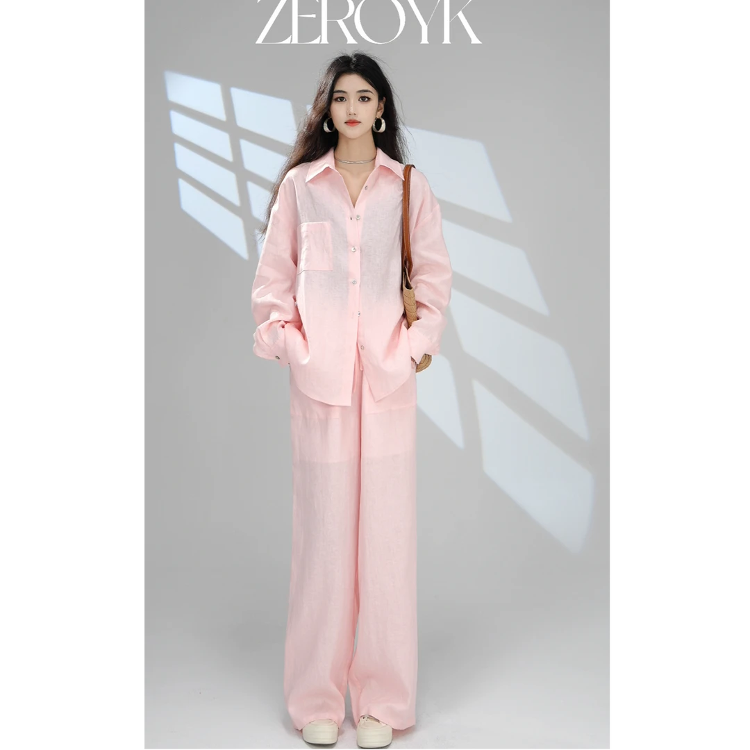 ZEROYK深圳南油原创100亚麻套装宽松休闲上衣松紧腰长款两件套